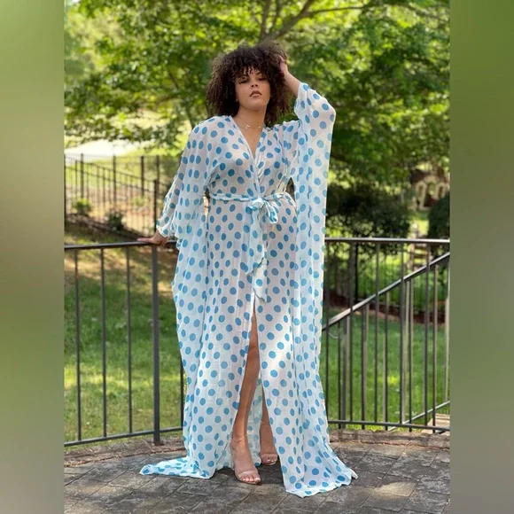 Handmade Dresses Blue And White Polkadot Chiffon Sheer Belted